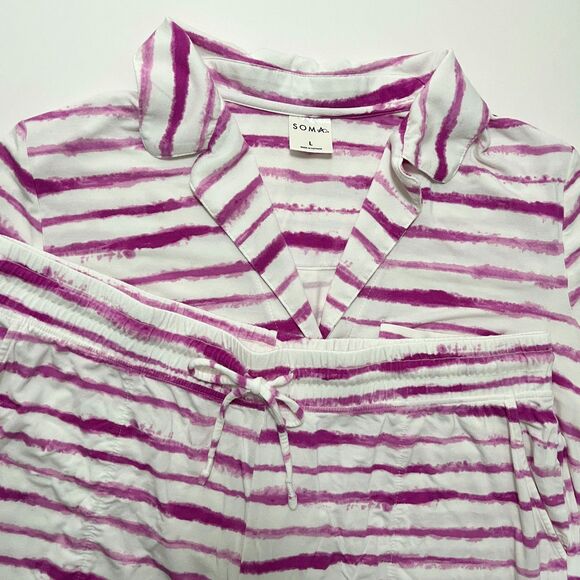 Soma Cool Nights Pajama Set Stretch Large Button Up Collar Shorts Tie Dye Comfy - Picture 1 of 11